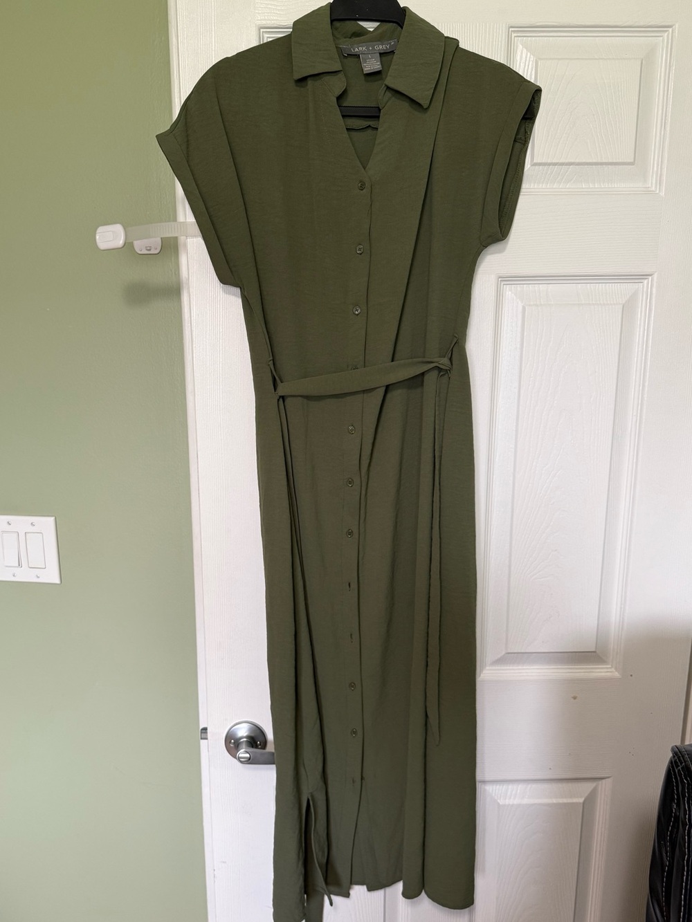 Olive Green Button-Front Maxi Shirt Dress with Belt